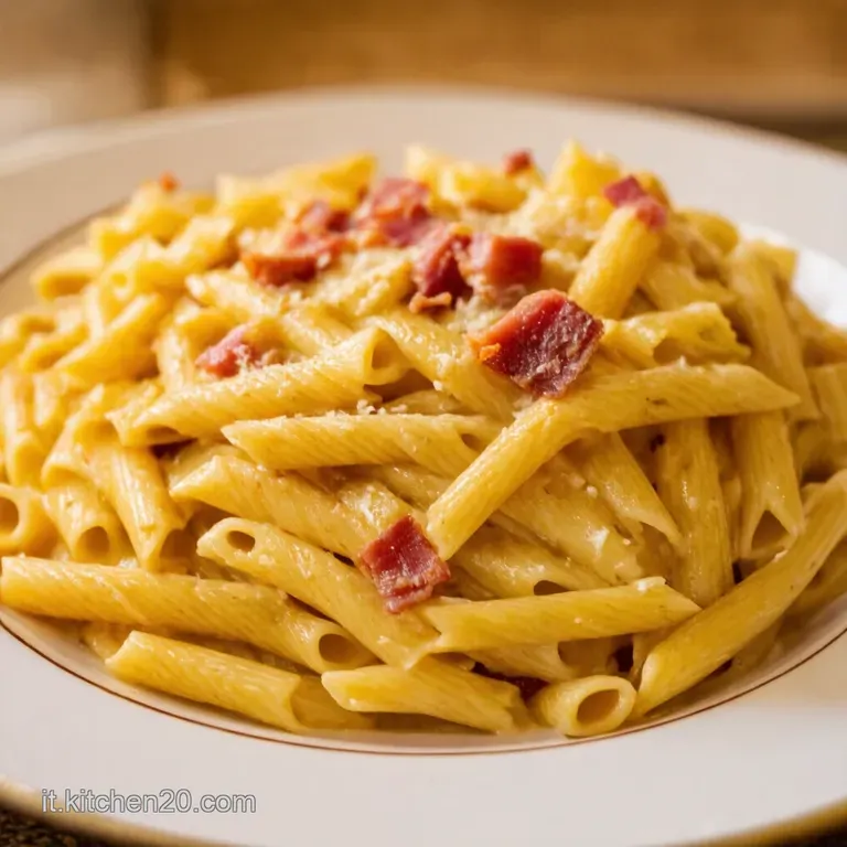 Pasta Cremosa Con Philadelphia Pancetta Croccante E Zafferano presentation