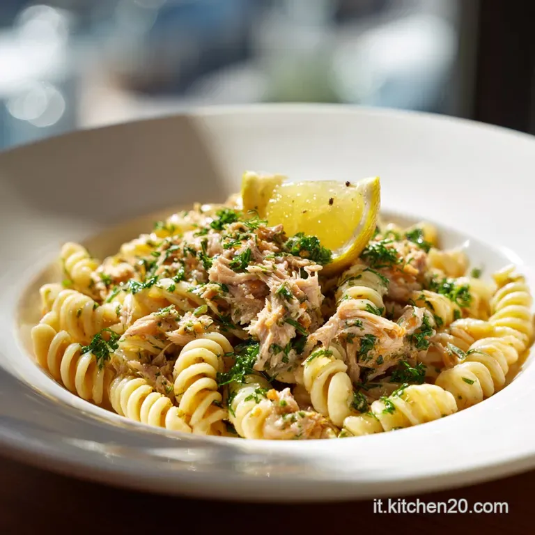 Elegant portion of cold pasta with tuna, bright lemon, and fresh herbs, artfully plated with a lemon wedge, inviting and r...