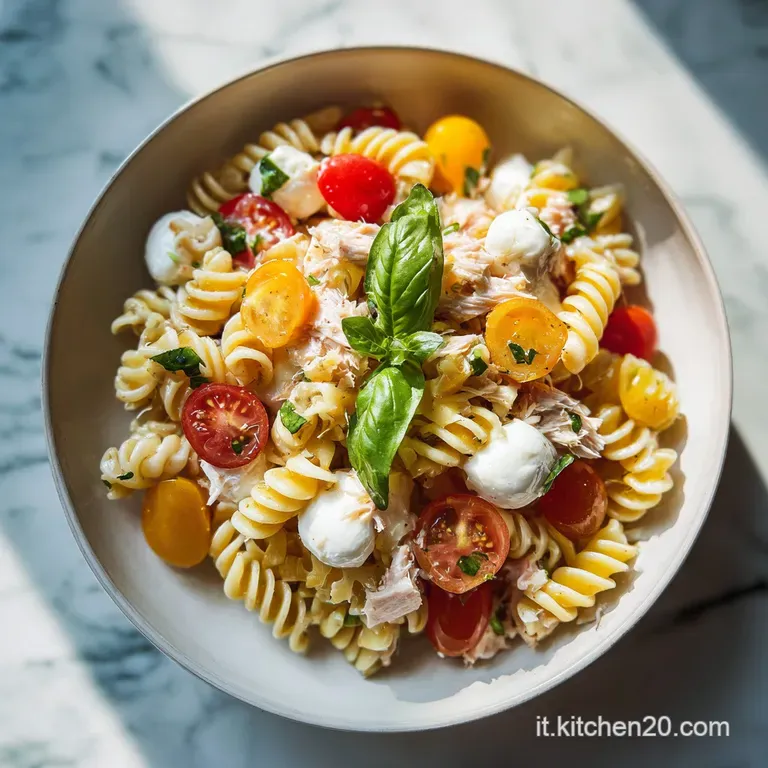 A bright pasta salad artfully arranged on a white plate, showcasing the juicy tomatoes, fresh basil, and creamy mozzarella...