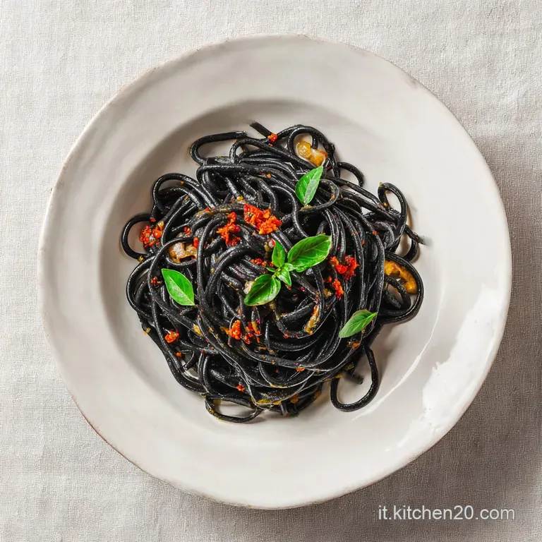 A dramatic swirl of jet-black squid ink pasta on a modern white plate, sprinkled with bright green parsley and chili flakes.
