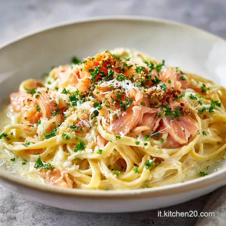 Elegant plate of twirled pasta with glistening sauce and delicate salmon. Fresh dill sprigs add a pop of bright, herby fla...