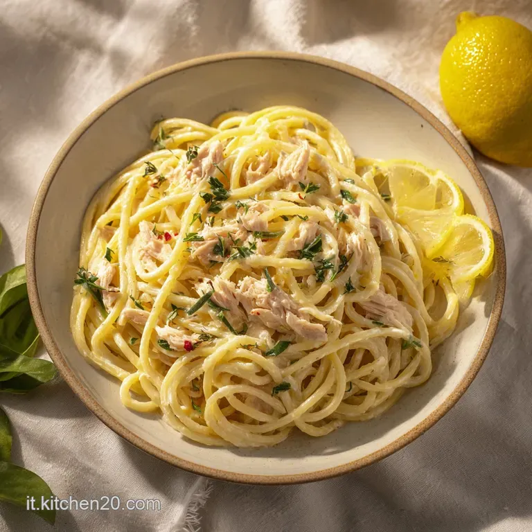 Elegant swirl of pasta, glistening with sauce, topped with tuna, lemon zest, and herbs on a white plate. Light steam visible.