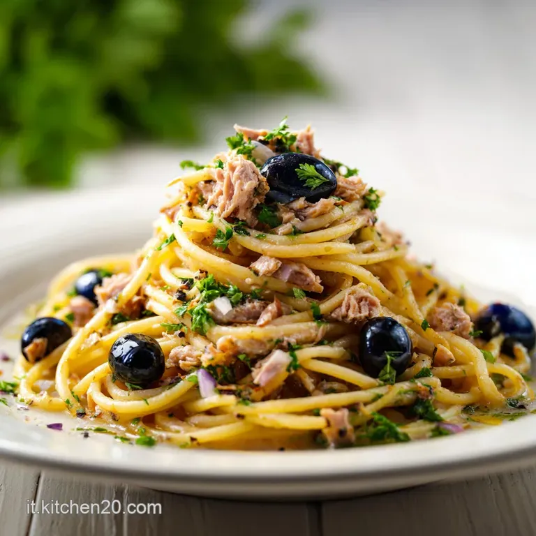 Perfectly plated pasta glistening with olive oil and speckled with olives and tuna; a simple and elegant Italian presentat...