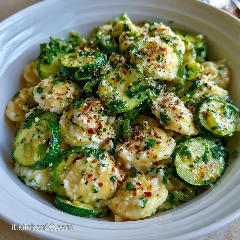 Elegante impiattamento di pasta cremosa bianca, decorata con rondelle di zucchine verdi e foglioline di basilico fresco.