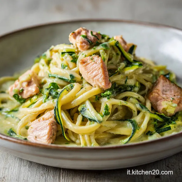 Elegant plate of twirled pasta with salmon, topped with fresh zucchini ribbons and a drizzle of sauce. Light, airy, appeti...