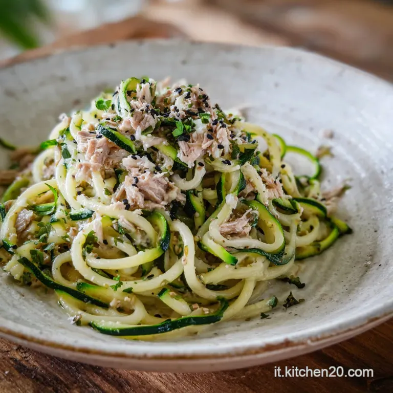 Elegant plate of pasta with zucchini and tuna, garnished with fresh parsley, drizzled oil, and a sprinkle of black pepper.