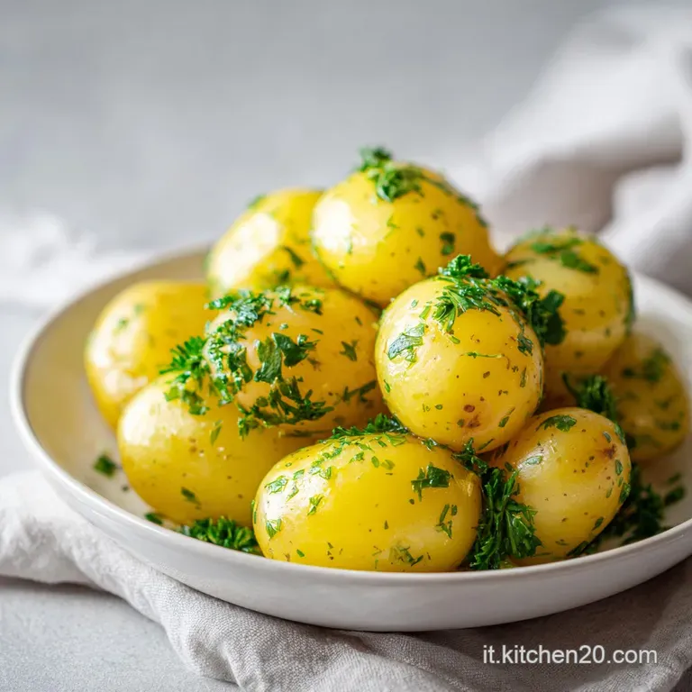 Steaming boiled potatoes artfully arranged on a rustic plate, drizzled with golden olive oil and vibrant green herbs for a...