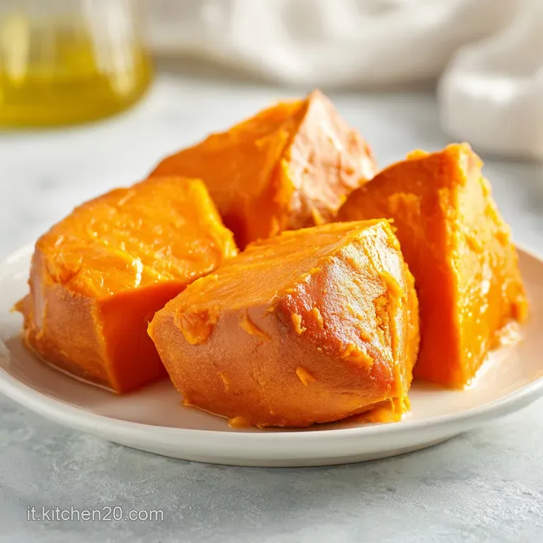Glossy slices of tender, boiled sweet potato artfully arranged on a white plate. Sprinkling of herbs adds a touch of fresh...