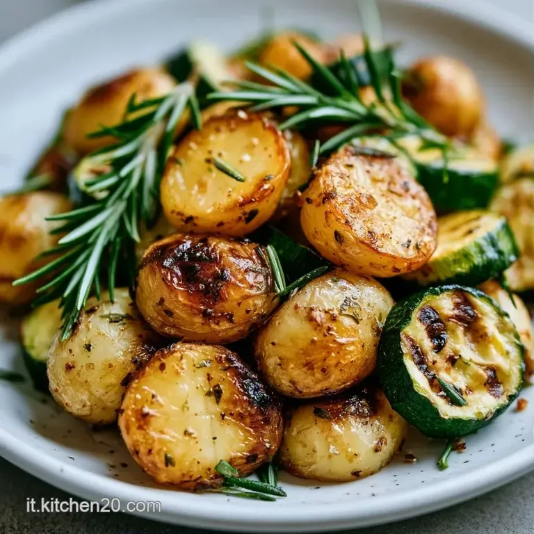 Composizione ordinata di verdure al forno dorate in un piatto bianco, guarnite con foglioline di prezzemolo fresco.