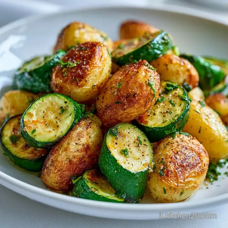 Disposizione curata di verdure al forno su piatto bianco: patate ambrate e zucchine tenere con un filo d'olio lucido.
