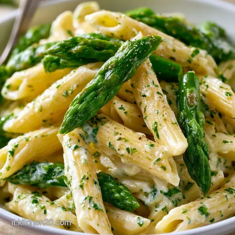 Un impiattamento curato di pasta cremosa, decorata con gambi di asparagi teneri e un tocco di pepe nero macinato.