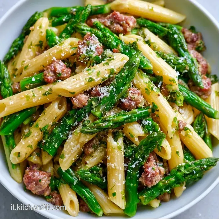 Piatto di ceramica con pasta cremosa, asparagi verdi croccanti e salsiccia rosolata, guarnito con pepe nero macinato.