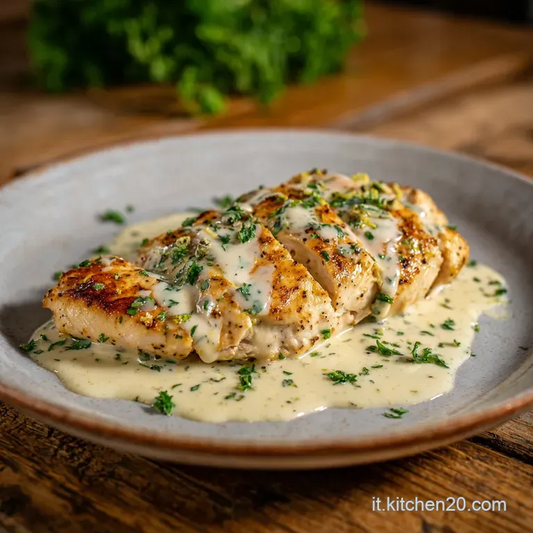 Elegant plate featuring a juicy lemon chicken breast, drizzled with sauce and vibrant green herbs. A delicious Italian meal.