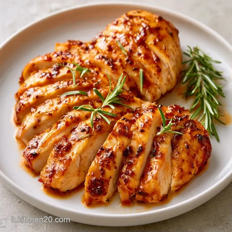 Pollo succoso disposto con cura su un piatto bianco, lucidato da una salsa al limone brillante e guarnito con erbe verdi.