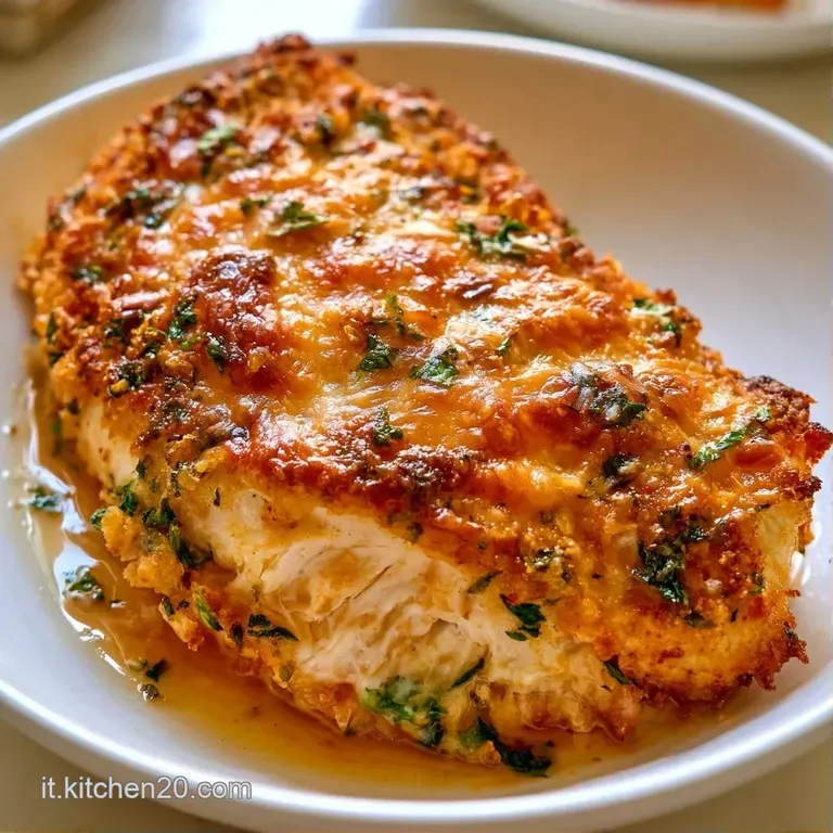 Filetto di pollo gratinato dalla crosta ambrata, adagiato su un letto di verdure colorate in un piatto di ceramica bianca.