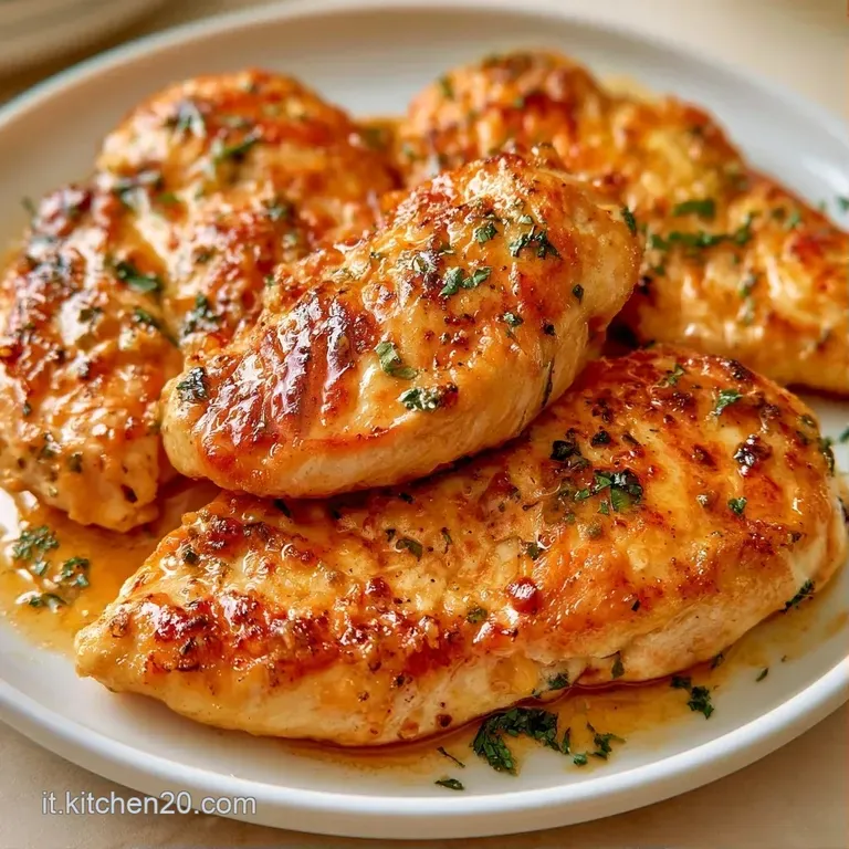 Filetti di pollo dalla crosta ambrata adagiati su un letto di verdure verdi, con un filo d'olio lucido e gocce di limone.