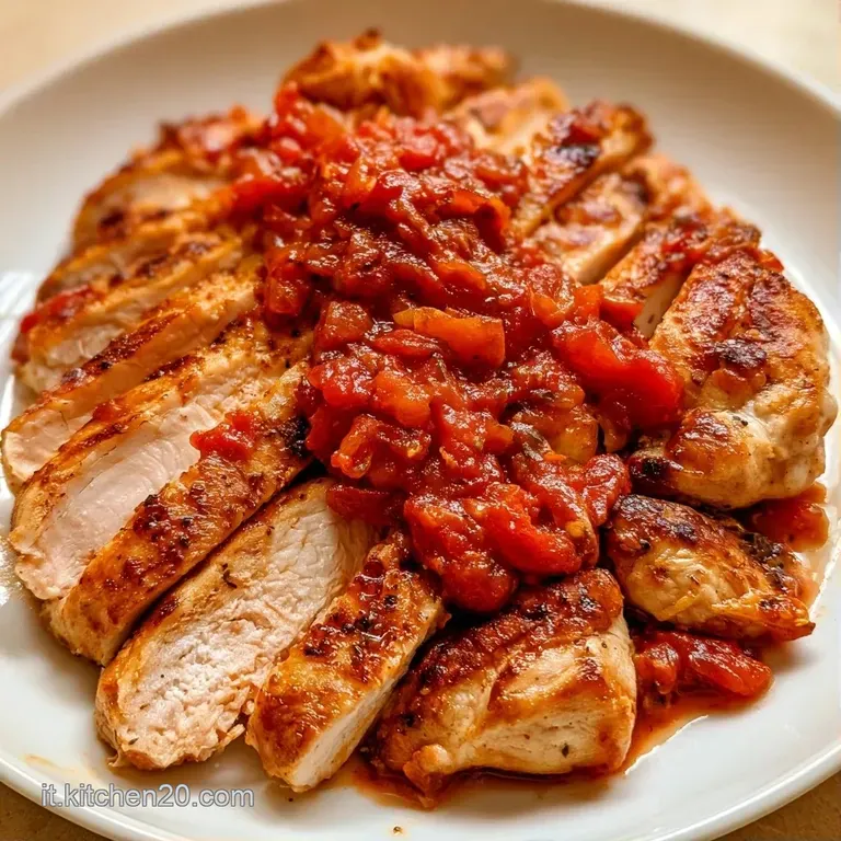 Filetto di pollo succoso adagiato su vellutata salsa rossa, decorato con olive nere e un filo d'olio su piatto bianco.