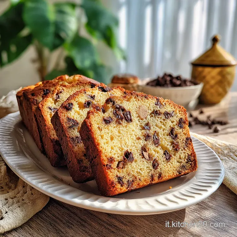 Slice of warm plumcake with melted chocolate, served on a white plate. Lightly dusted with powdered sugar and garnished wi...