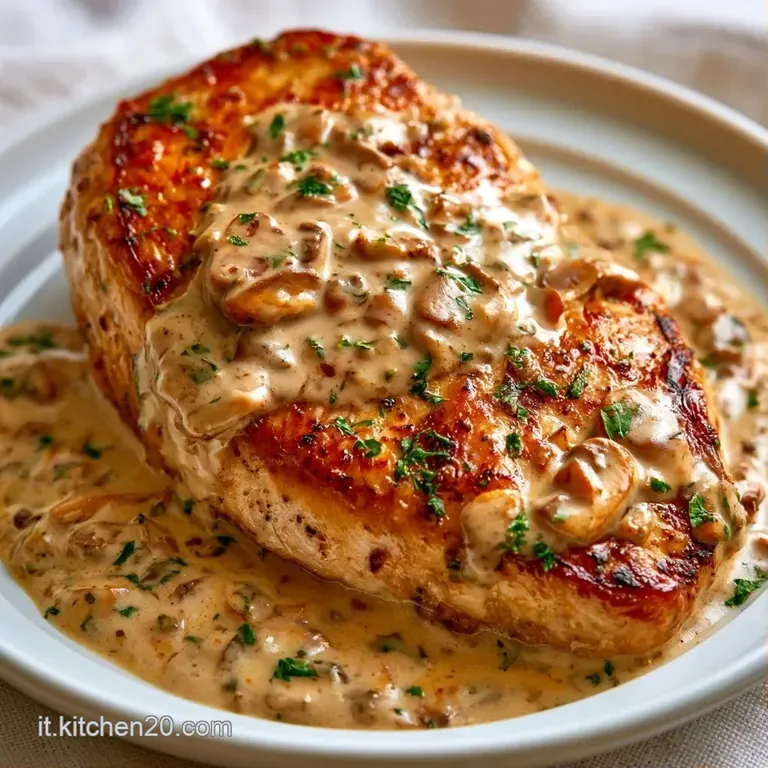 Filetti di pollo teneri adagiati su una vellutata salsa beige, guarniti con funghi bruniti su un piatto di porcellana.