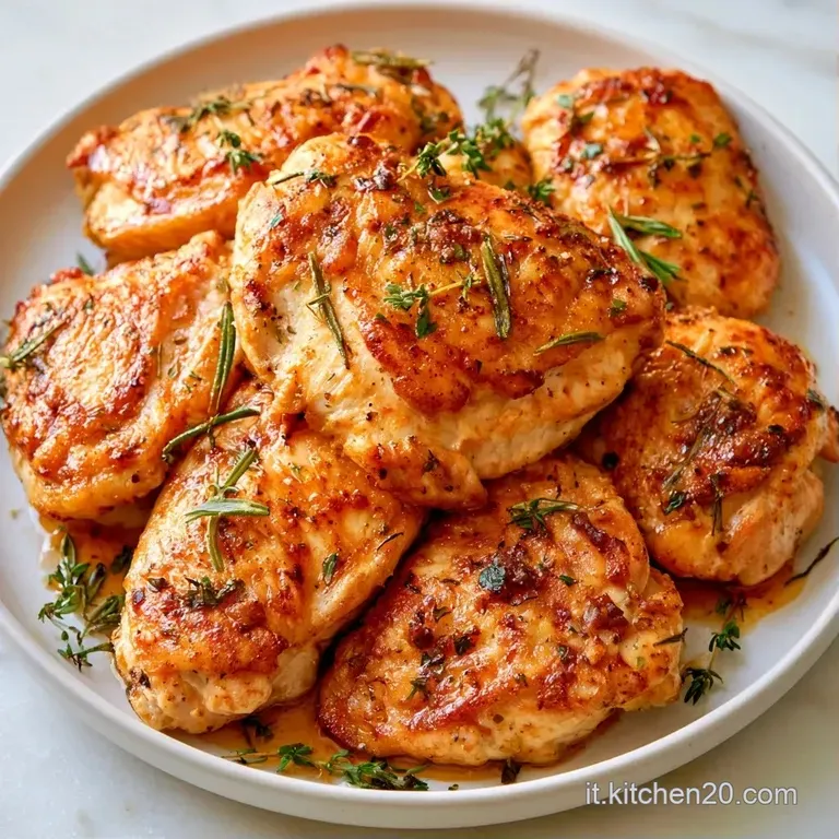 Filetto di pollo ben rosolato su un piatto bianco, decorato con un rametto di timo e gocce di succo di cottura ambrato.
