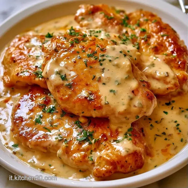 Pollo tenero nappato da una salsa densa e vellutata color avorio, adagiato in un piatto bianco con un tocco di pepe nero.