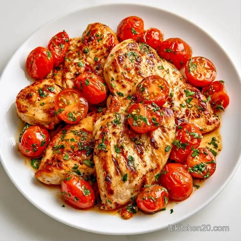 Bocconcini di pollo rosolati in un piatto bianco, avvolti da una salsa lucida con pomodorini rossi e foglie di prezzemolo.