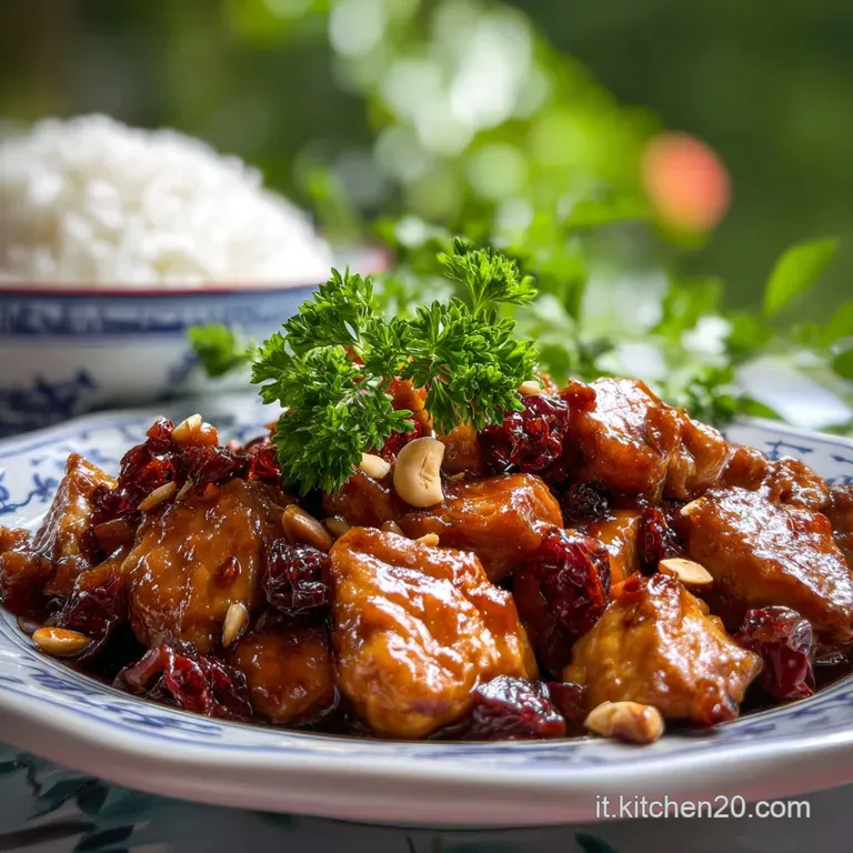 Plated golden chicken and sliced almond stir-fry with steamed rice, garnished with verdant scallions, a vibrant and delici...
