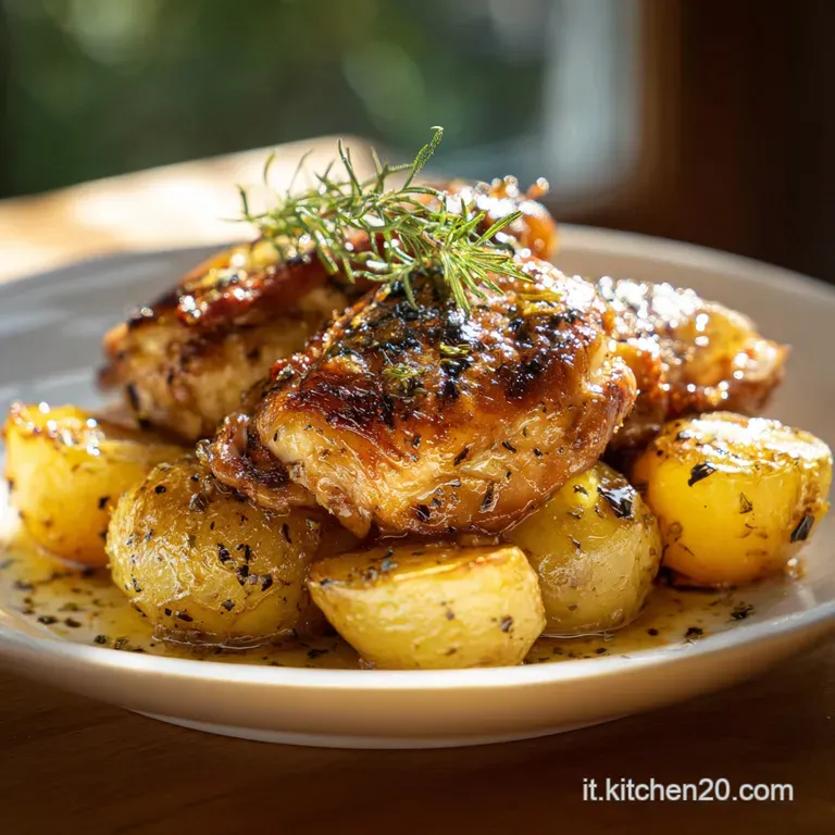 Crisp, golden chicken quarter with rosemary sprig, atop colorful roasted vegetables. Light reflects off the glossy chicken...