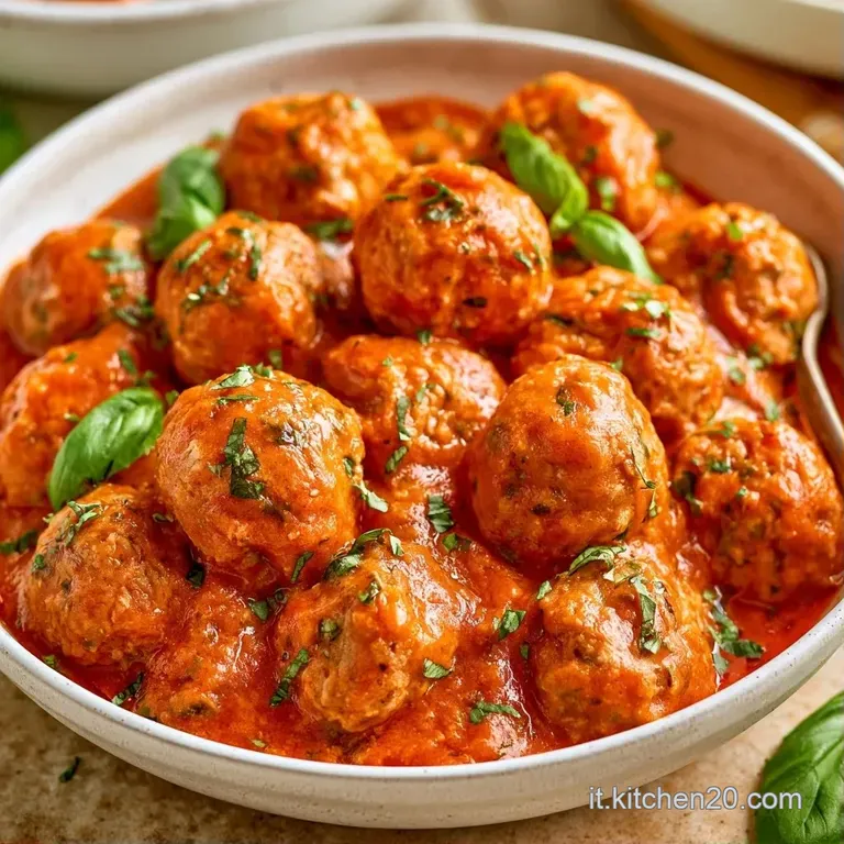 Piatto bianco con polpette succose avvolte in una salsa di pomodoro densa, completate da una foglia di basilico brillante.