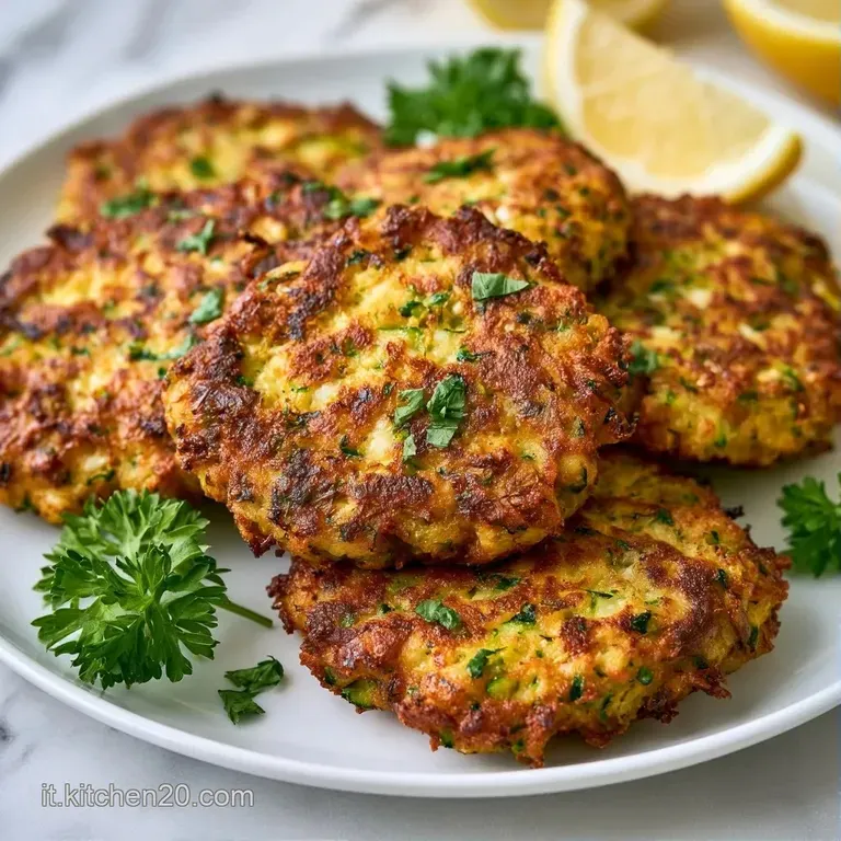 Frittelle tonde e croccanti disposte con cura su una salsa bianca, completate da un tocco di verde brillante.