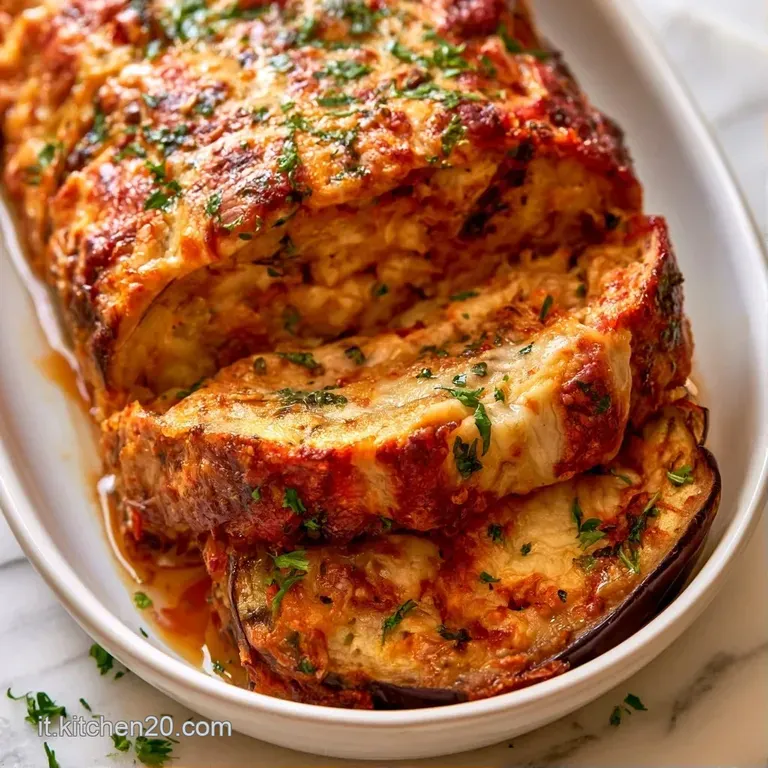 Sette fette di tortino morbido e brunito disposte con cura, ornate da foglie di basilico verde e gocce d'olio lucido.