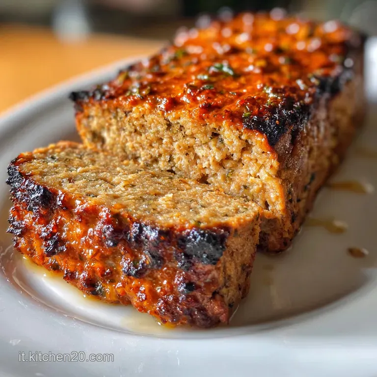 A thick slice of polpettone glistening with tomato sauce, artfully plated with fresh greens. Steam rises, inviting a bite.