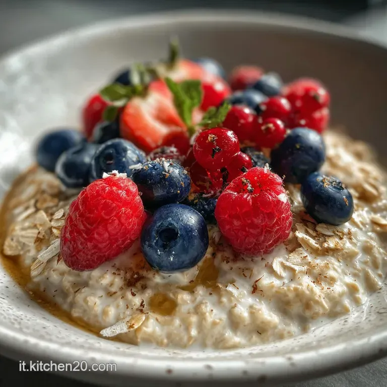 Elegant bowl of steamy oatmeal, topped with vibrant blueberries and raspberries, a drizzle of honey, and a sprinkle of nuts.