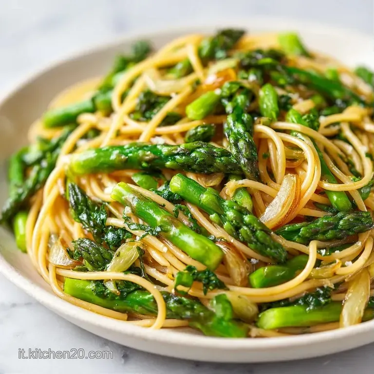 Piatto bianco con nido di pasta cremosa, asparagi selvatici croccanti e scaglie di formaggio dorato su sfondo neutro.