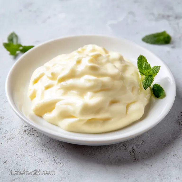 Salsa bianca setosa versata in una ciotola di ceramica bianca, consistenza omogenea e aspetto caldo e invitante.