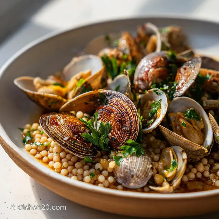 Elegant swirl of creamy golden pasta pearls on a white plate, garnished with a delicate sprig of fresh parsley.