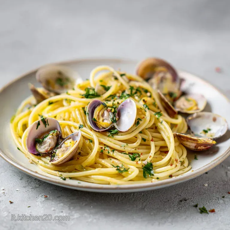 Elegant plate of spaghetti alle vongole showcasing tender clams and bright green parsley in a light sauce.