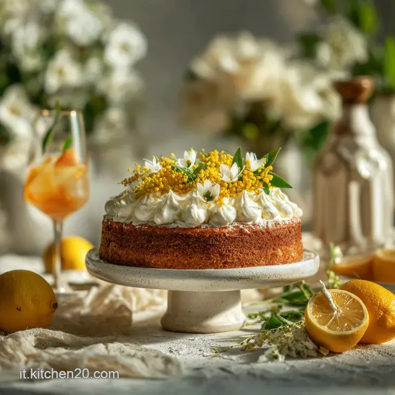 A delicate slice of golden Torta Mimosa, its light crumb visible, presented on a white plate with a dusting of sugar.