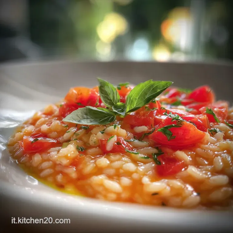 Elegant plate of tomato risotto. Silky smooth texture, rich red color, topped with fresh basil and a drizzle of olive oil.