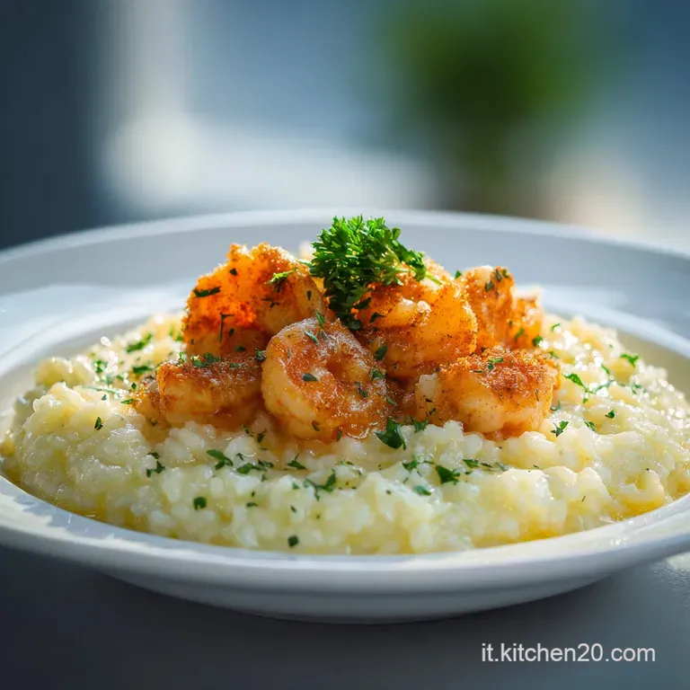 Elegant plate of creamy risotto, vibrant pink shrimp nestled amongst pearly grains. Garnished with green herbs and a lemon...