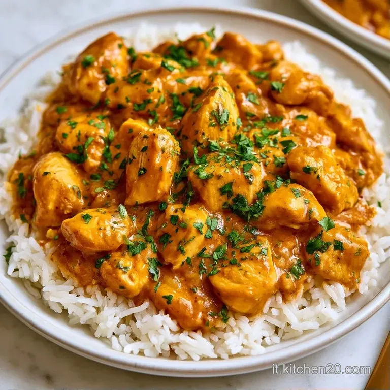 Piatto di ceramica con riso venato di giallo, pollo succoso avvolto in crema di curry densa e guarnizione di erbe verdi.