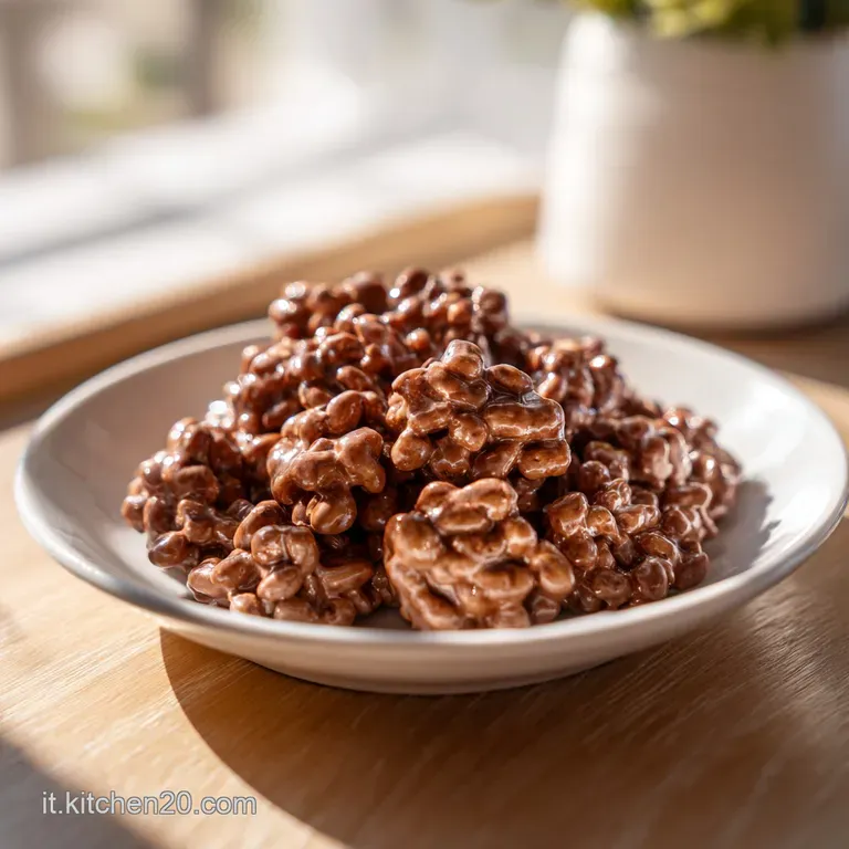 Dark chocolate puffed rice mounds artfully arranged on a white plate, topped with a single raspberry.