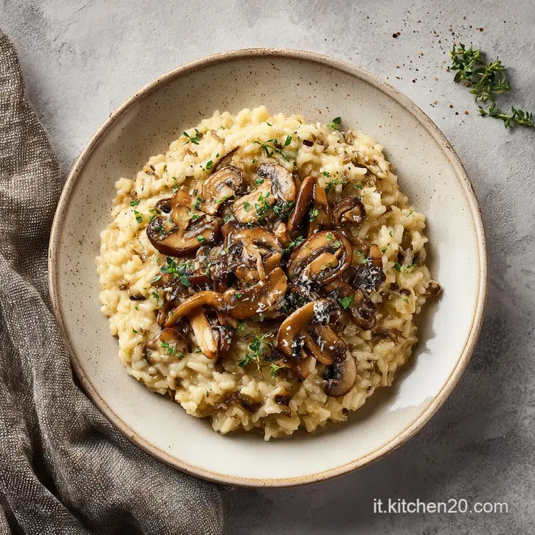 An elegant white plate showcasing a rich, golden risotto topped with saut&eacute;ed mushrooms and a sprinkle of herbs.