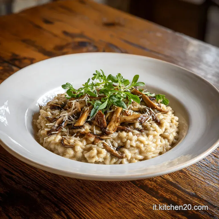 Elegant plate of creamy mushroom risotto, topped with grated Parmesan, a sprig of thyme, and a drizzle of olive oil. Warm ...