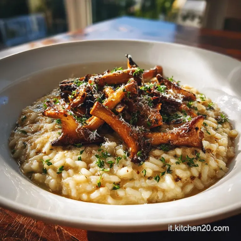 Elegant white plate of creamy risotto with plump porcini mushrooms. Garnished with fresh herbs and a drizzle of golden oli...