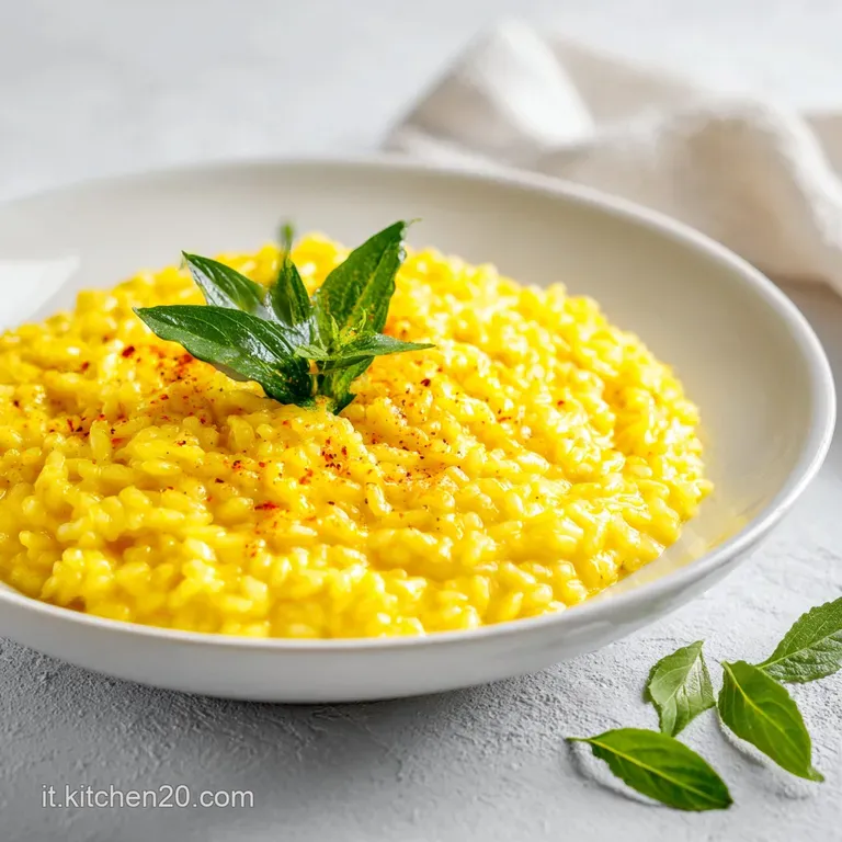 Elegant saffron risotto plated with a swirl. A sprinkle of grated cheese adds visual interest, hints of steam rising warmly.