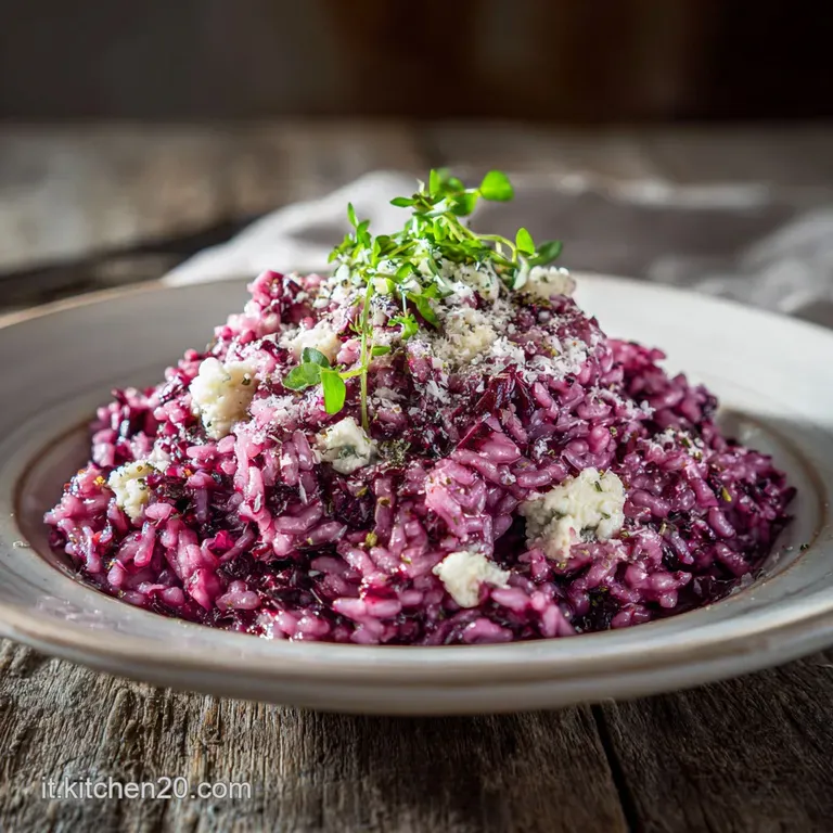 A swirl of rosy risotto on a white plate, drizzled with creamy cheese and garnished with a sprig of vibrant green rosemary.