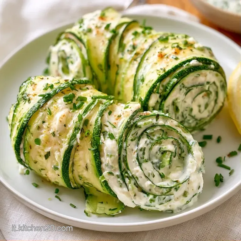 Rotolini di zucchina disposti con cura su un piatto bianco, guarniti con foglioline di basilico fresco e olio lucido.