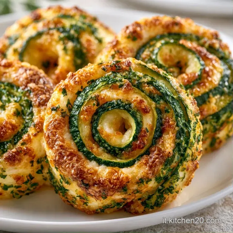 Fette di rotolo di zucchine disposte con cura, decorate con erbe fresche e un filo d'olio su sfondo neutro e luminoso.