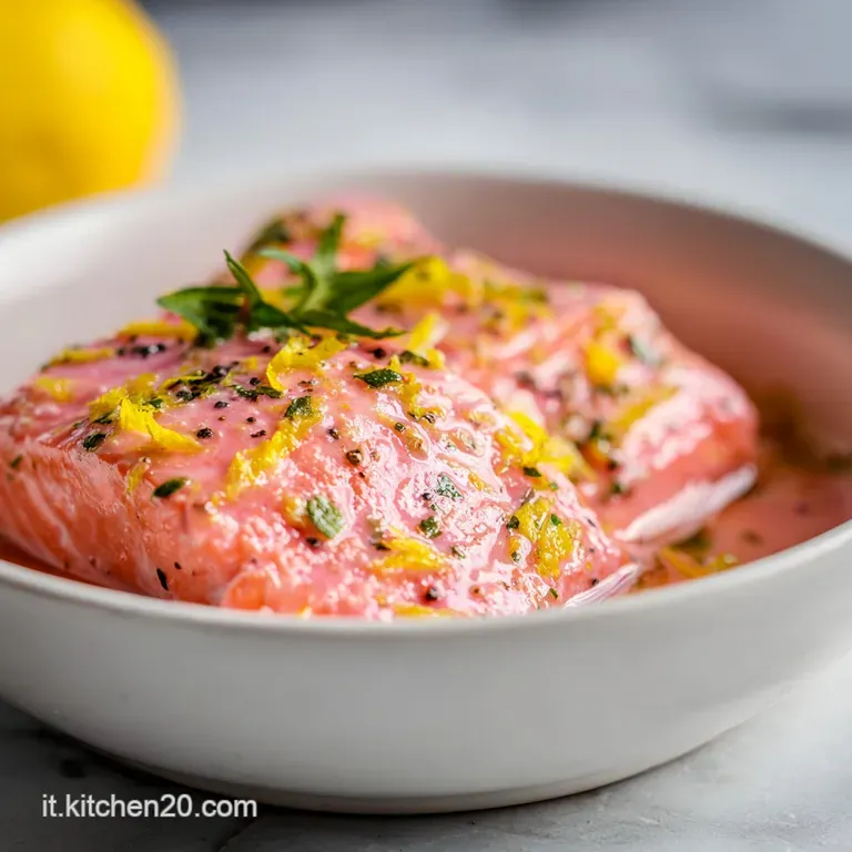 Filetto di salmone cotto al forno con crosticina dorata, adagiato su vellutata bianca e guarnito con erbe verdi brillanti.